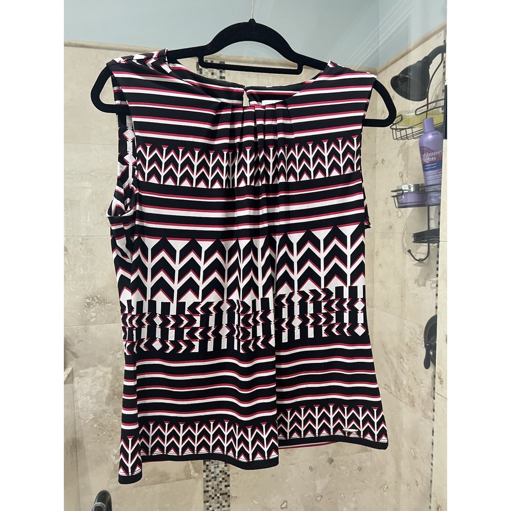 Calvin Klein Womens Pink Black White Geometric Sleeveless Keyhole Blouse L